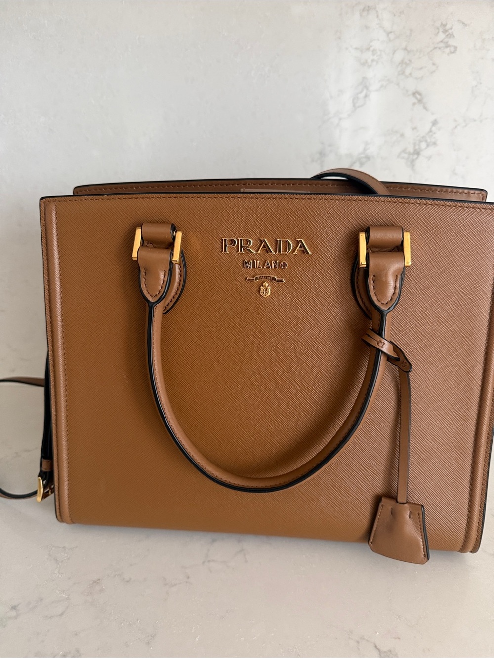 Prada Tan Saffiano Leather Satchel with Gold Hardware